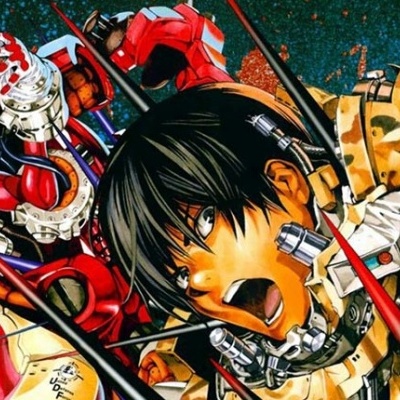 Personagens de anime com armaduras futuristas coloridas e armas, fundo escuro