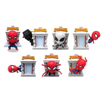 Set de bonecos Funko Pop Marvel Spider-Man com diferentes personagens e parede de tijolos branca