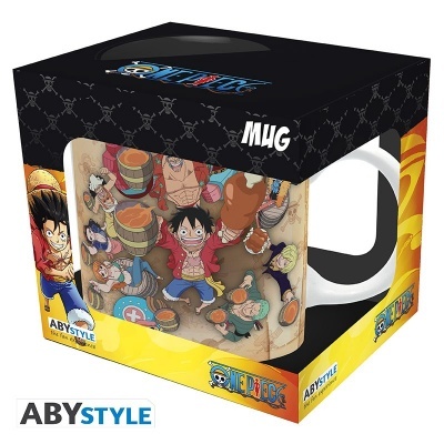 Caneca branca com estampa dos personagens de One Piece embalada numa caixa ABYSTYLE