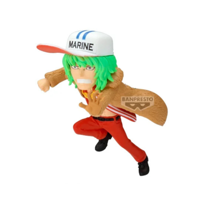 Figura de personagem com cabelo verde e boné MARINE em pose de ataque