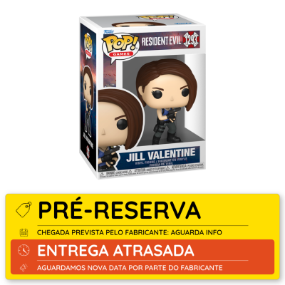 Funko Pop! Jill Valentine Resident Evil em embalagem com etiqueta de pré-reserva e entrega atrasada