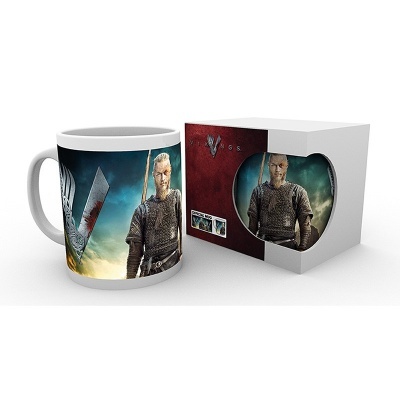 Caneca branca com personagem de Vikings e caixa com imagem correspondente
