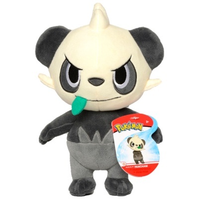 Pelúcia do Pokémon Pancham cinzenta e preta com etiqueta colorida