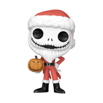 Funko Pop personagem esqueleto vestido de Pai Natal com abóbora na mão