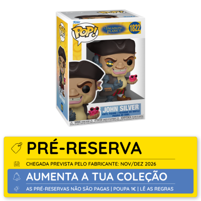 Figura Pop! John Silver de vinil na caixa original com detalhes de pré-reserva em amarelo