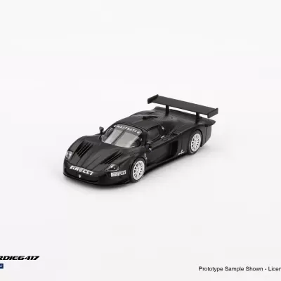 Miniatura preta de carro desportivo com logótipos e asa traseira