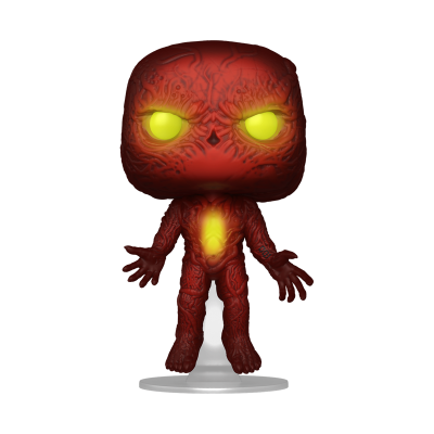 Figura colecionável vermelha estilo Funko Pop com olhos amarelos brilhantes