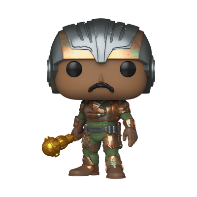 Figura Funko Pop com capacete prateado e armadura verde e dourada segurando bastão dourado