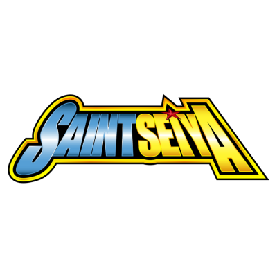 Logotipo do texto SAINT SEIYA em azul e amarelo com estrela vermelha.