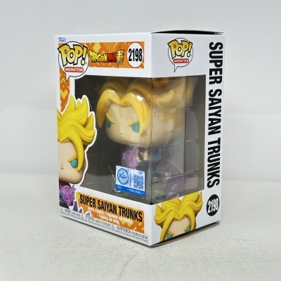 Funko Pop Super Saiyan Trunks Dragon Ball Super na caixa branca com detalhes amarelos