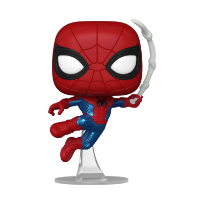 Figura Funko Pop do Spider-Man com fato vermelho e azul segurando teia branca