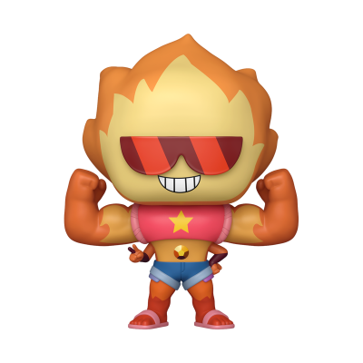Figura colecionável estilizada com cabeça de fogo e roupa colorida