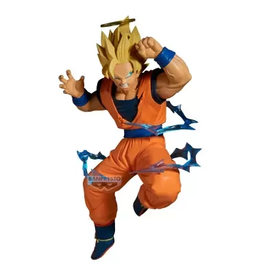 Figura de ação Super Saiyan com cabelo amarelo e roupa laranja e azul