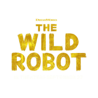 Título THE WILD ROBOT em dourado com logo DreamWorks