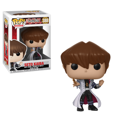 Funko Pop! de Seto Kaiba com cabelo castanho e casaco branco, em caixa numerada 388.
