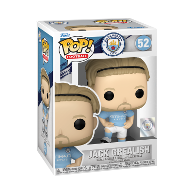 Boneco Funko Pop! de Jack Grealish com uniforme do Manchester City em caixa