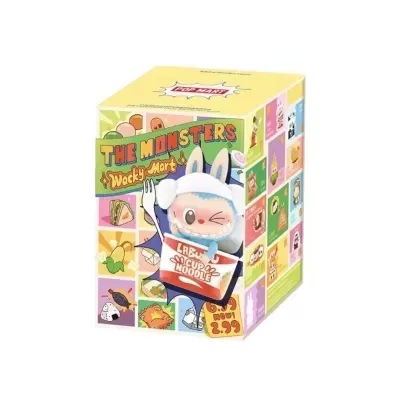 Caixa colorida de brinquedo Pop Mart The Monsters Wacky Mart com monstro azul dentro de copo de noodle