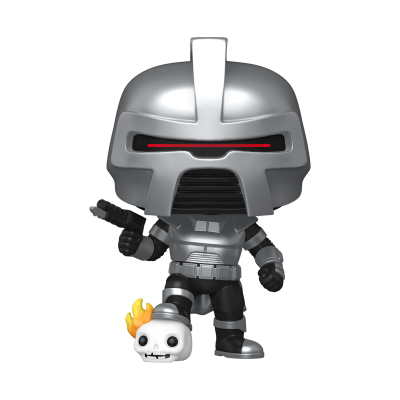 Figura Funko Pop de personagem robótico prateado com arma e base de caveira flamejante