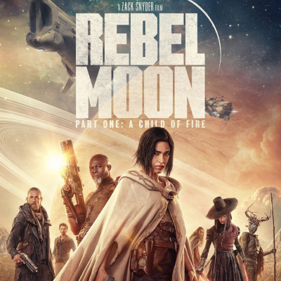 Poster do filme Rebel Moon com personagens e cenário espacial