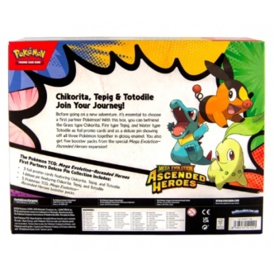 Caixa do jogo de cartas Pokémon com personagens Chikorita, Tepig e Totodile e texto explicativo
