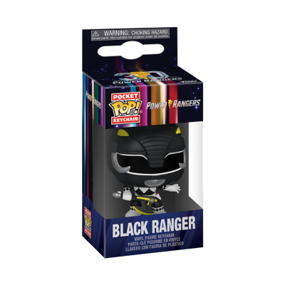 Chaveiro vinil Black Ranger Power Rangers na caixa negra com texto e gráficos coloridos