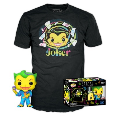 Conjunto Funko Pop do Joker com t-shirt preta e caixa com figura e arte do personagem.