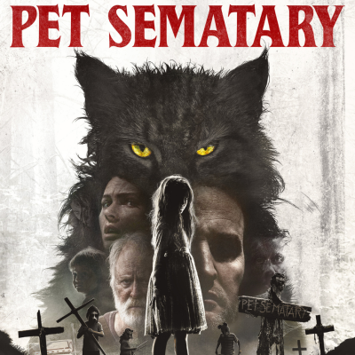 Pôster do filme Pet Sematary com um grande gato preto e figuras humanas com cruzes