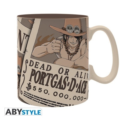 Caneca com design de pôster de procurado Portgas D Ace em tons castanhos e bege
