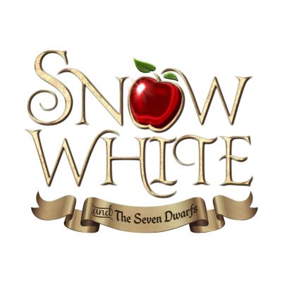 Logótipo dourado com maçã vermelha e texto Snow White and The Seven Dwarfs