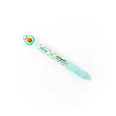 Caneta azul clara com abacates e texto BO-BO e mr wonderful