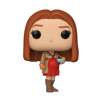 Figura Funko Pop de mulher ruiva com caçaco às riscas e vestido vermelho segurando taça de frutas e laranja