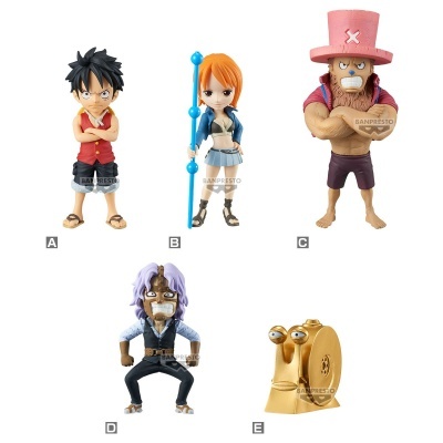 Conjunto de figuras de ação de anime em plástico colorido com etiquetas A a E