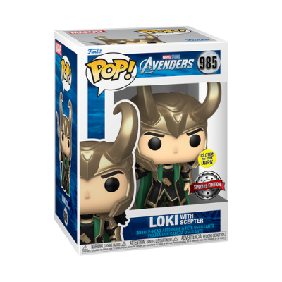 Figura Funko Pop! Loki dos Avengers com cetro na caixa