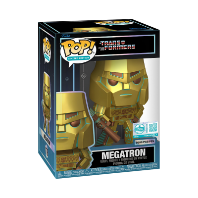 Figura de vinil Funko POP! Limited Edition Megatron dos Transformers em caixa preta com detalhes dourados e azuis