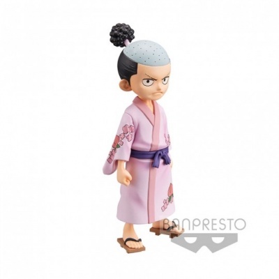 Figura colecionável de personagem masculino com kimono rosa e cabelo cinza com buracos