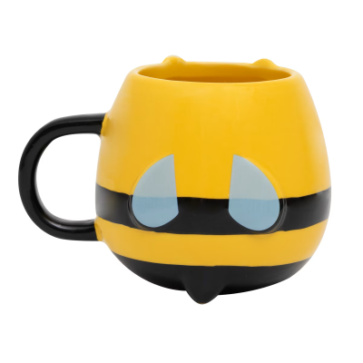 Caneca em cerâmica com design de abelha, asas azuis e pega preta