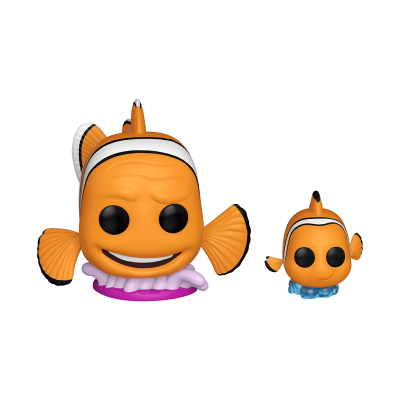 Duas figuras de peixes-palhaço laranja com olhos grandes e bases coloridas
