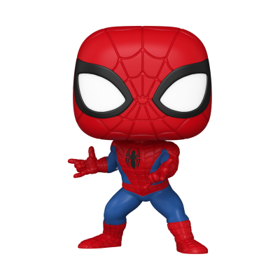 Figura Funko Pop Homem-Aranha vermelho e azul com olhos grandes brancos.