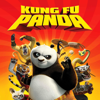 Capa do filme Kung Fu Panda com personagens animados e título em amarelo