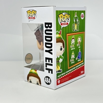 Caixa Funko Pop! Buddy Elf número 484 com fundo verde e ilustrações de personagens