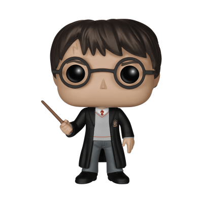 Figura Funko Pop de Harry Potter vestindo uniforme de Hogwarts e segurando varinha