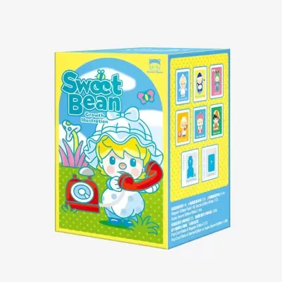 Caixa colorida Sweet Bean com personagem infantil e ilustrações de figuras colecionáveis