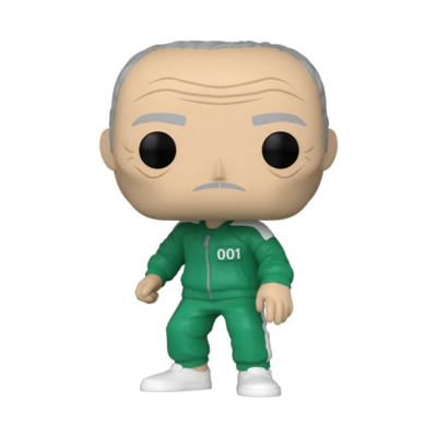 Figura Funko Pop de personagem masculino calvo com fato verde e número 001
