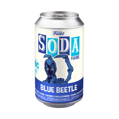 Lata Funko SODA Figure Blue Beetle com design de personagem robótico azul