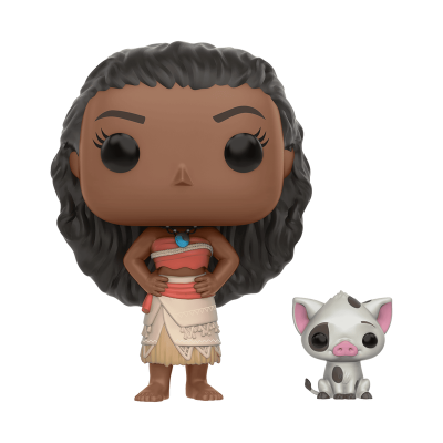 Figura Funko Pop da personagem Moana com um porquinho branco e cinzento