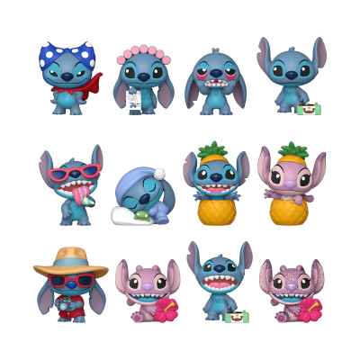 Figuras colecionáveis de Stitch em várias poses e acessórios coloridos, sem texto visível.