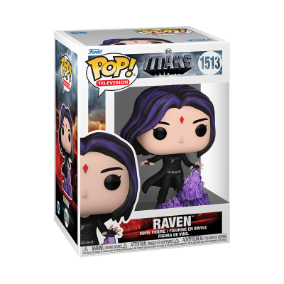 Figura Funko Pop! Raven da série DC Titans numa caixa branca e transparente