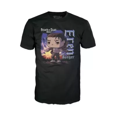 T-shirt preta com estampa do personagem Eren Jaeger de Attack on Titan