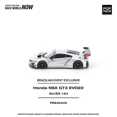 Miniatura prata do Honda NSX GT3 EVO22 com texto promocional