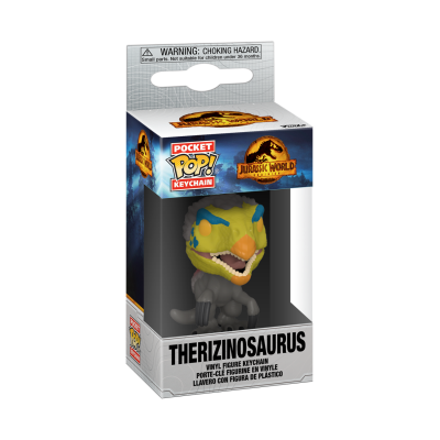 Porta-chaves Therizinosaurus Jurassic World Pocket Pop! em embalagem azul, branco e amarelo.
